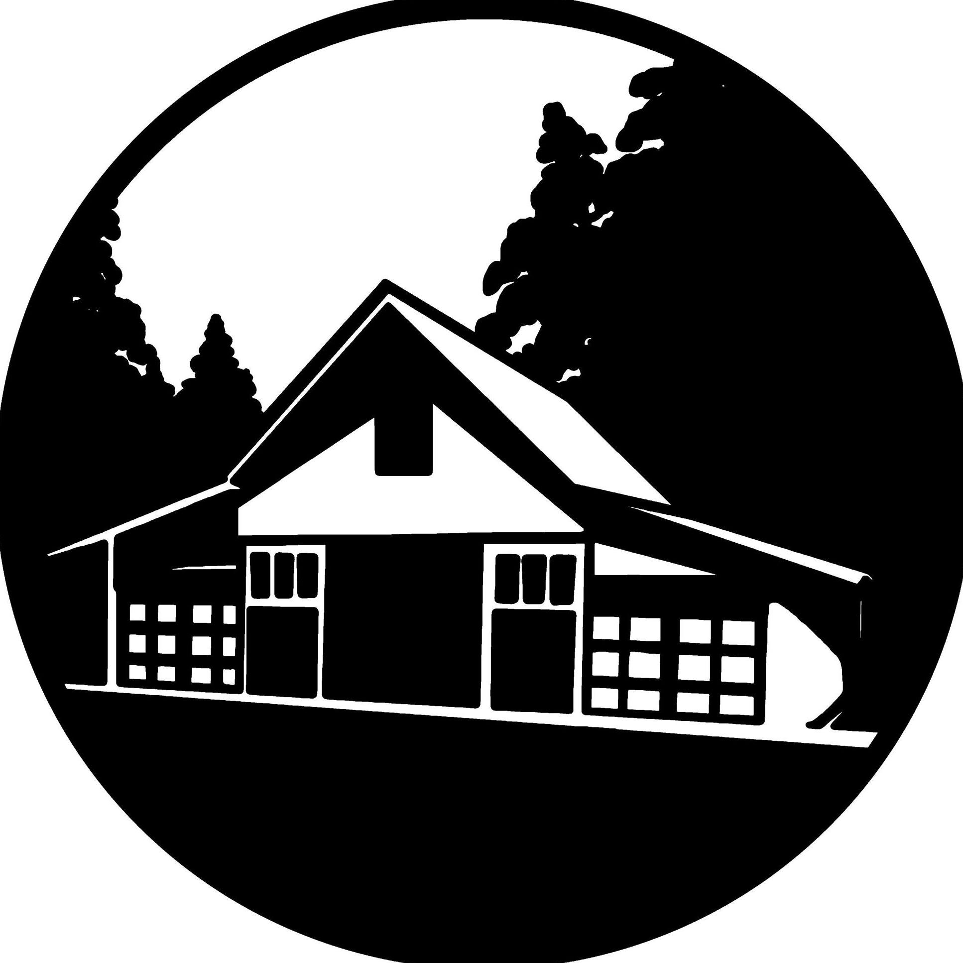 Black and white barn circular icon.