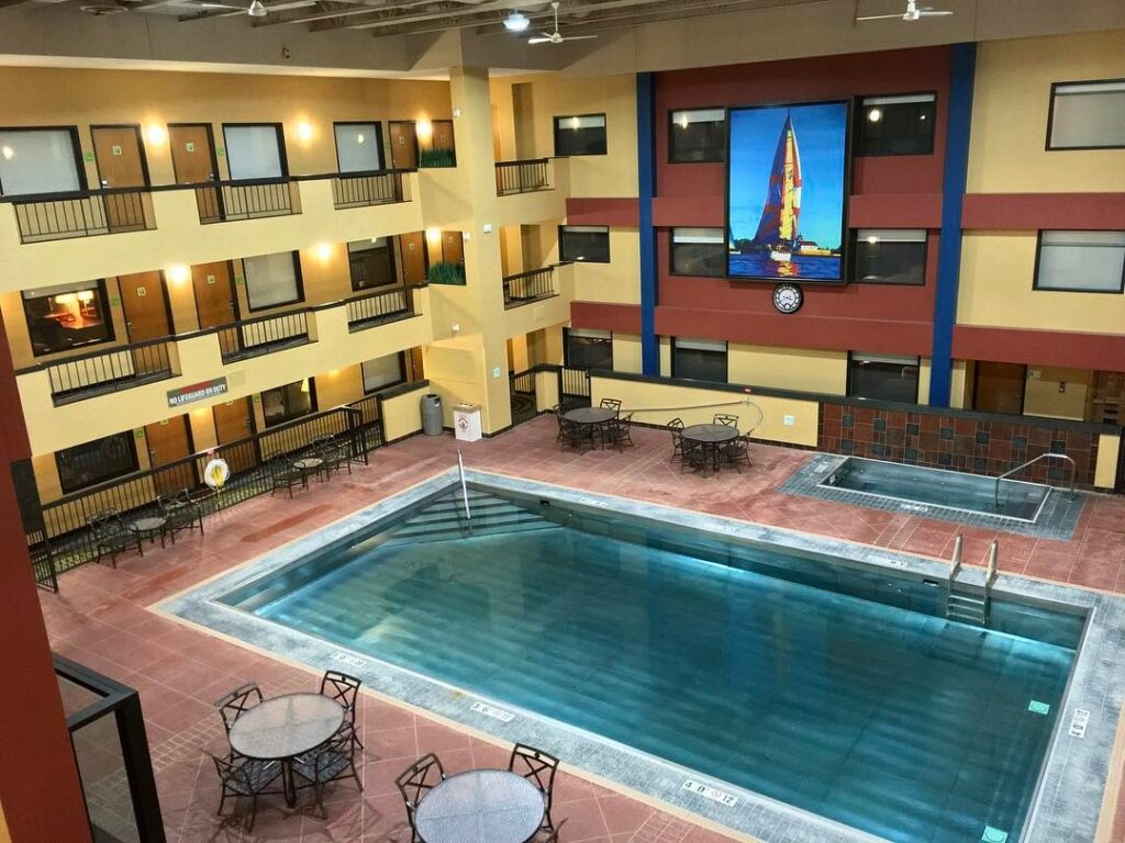 Indoor arial view of the swimming pool inside the Holiday Inn, in Dowtown Duluth, MN