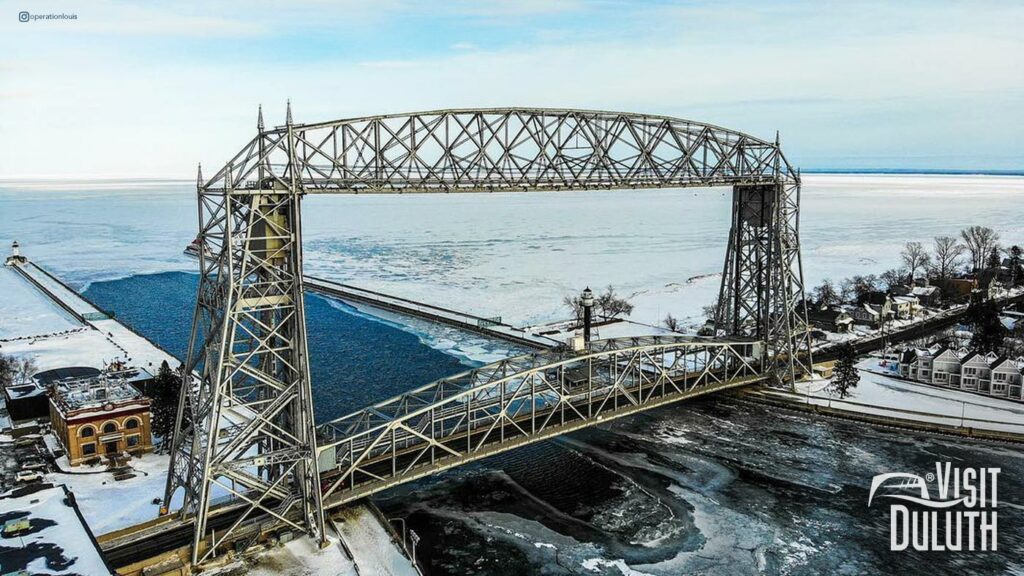 A frozen Lake Superior underneath the Aerial Lift Bridge.