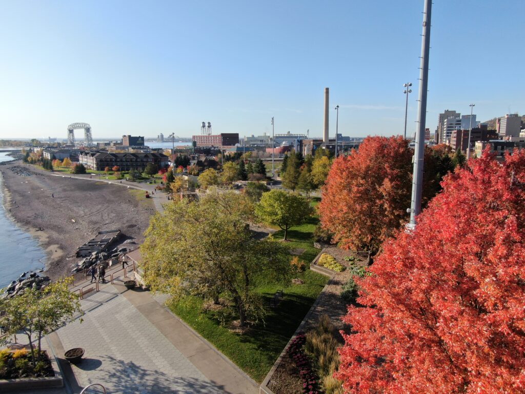 Colorful fall trees along the lakewalk in Duluth Minnesota.