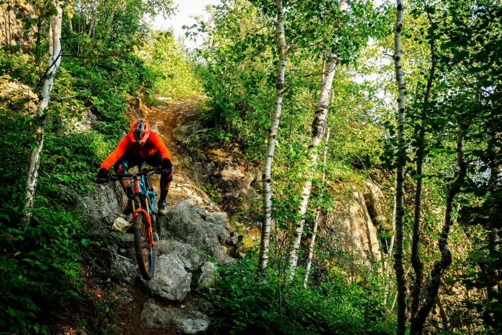 Mountain biker in red shirt with a brightly colored bike going over jagged rocks in a green birch forest.