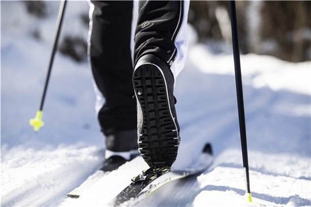 a closeup shot of a cross-country ski boot and ski.