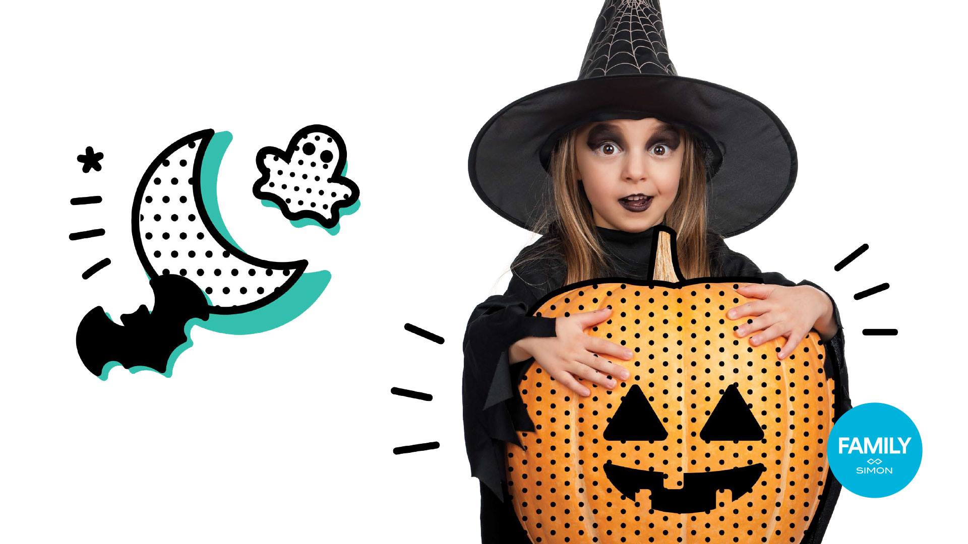 Small girl holding a cartoonish pumpkin wearing a witch outfit looking surprised.