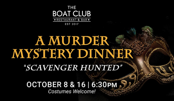 Murder Mystery Dinner pamphlet for the Boat Club restaurant.