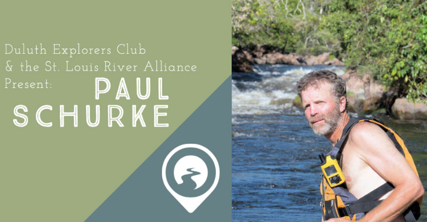 Banner for Duluth Explorers club featuring a gentleman by a river wearing a life jacket.