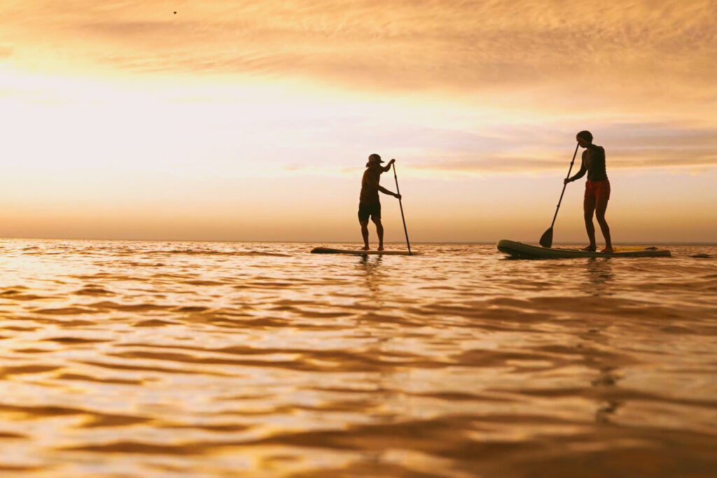 Two people paddle boarding