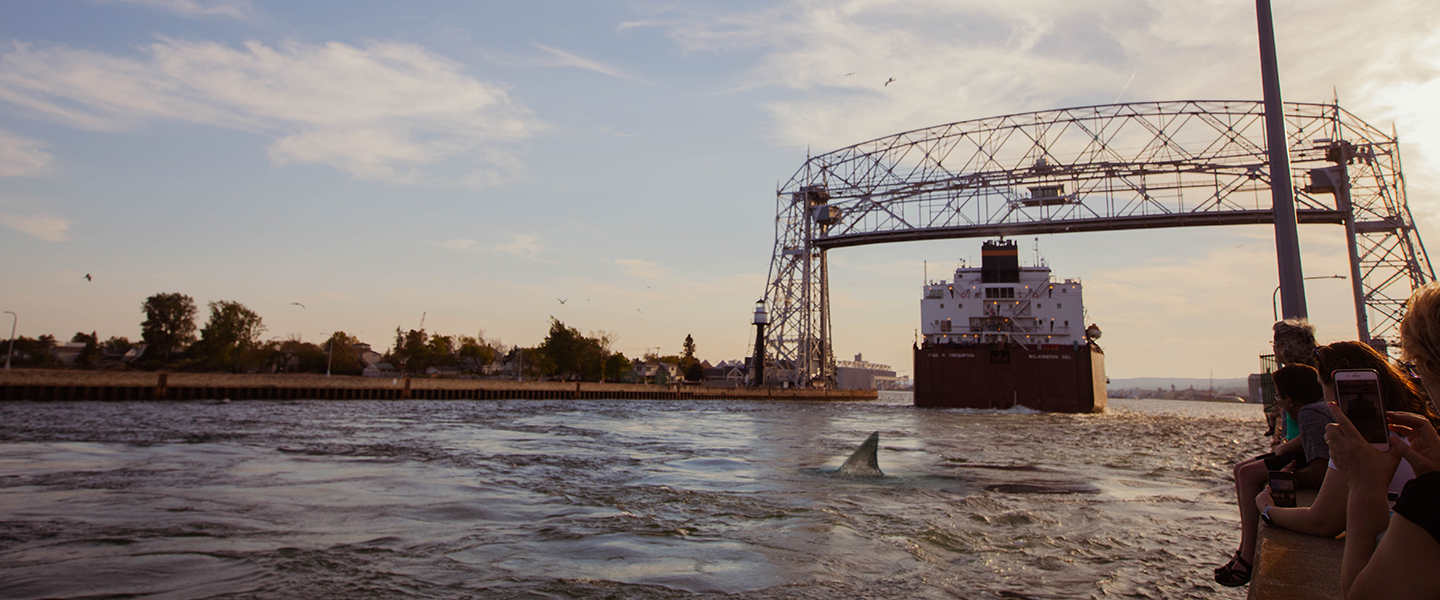 Aerial Lift Bridge with photoshopped Bull Shark in the water