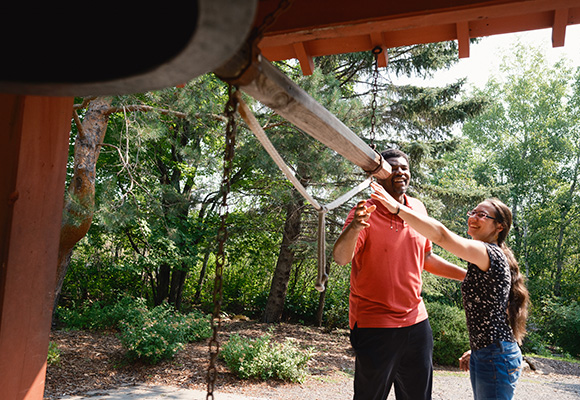 a couple exploring the zen garden