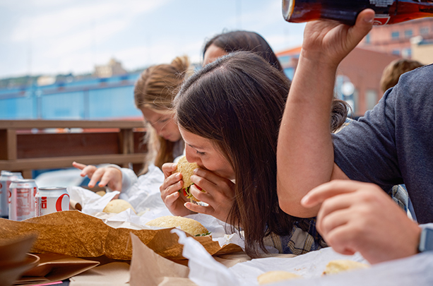 Several people eating outside