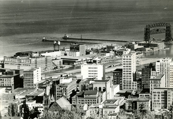 Aerial view of Business District to Canal Park, Duluth MN