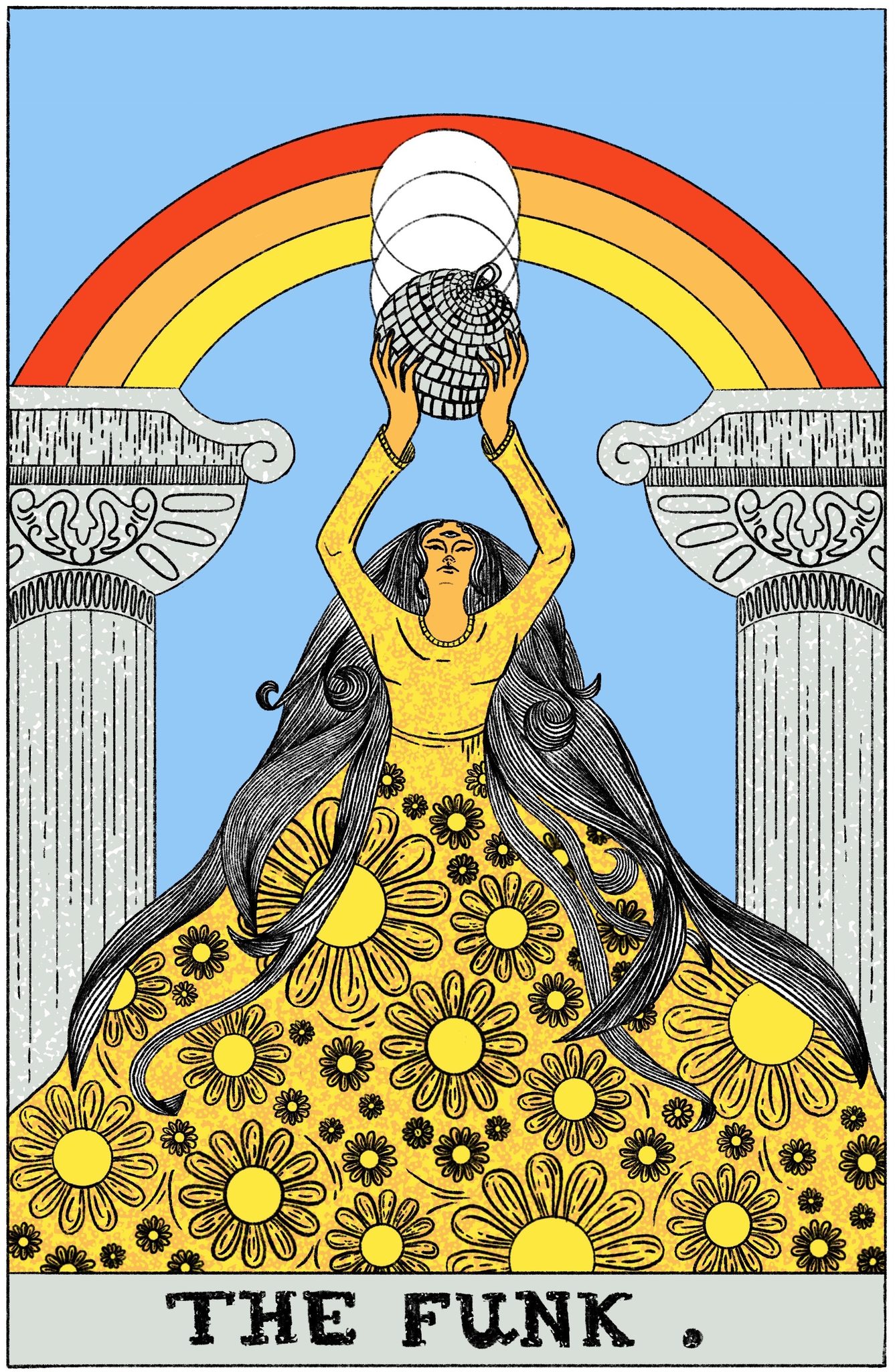 illustration of a person with long hair in a big yellow dress, with a red, orange and yellow rainbow above and a blue sky