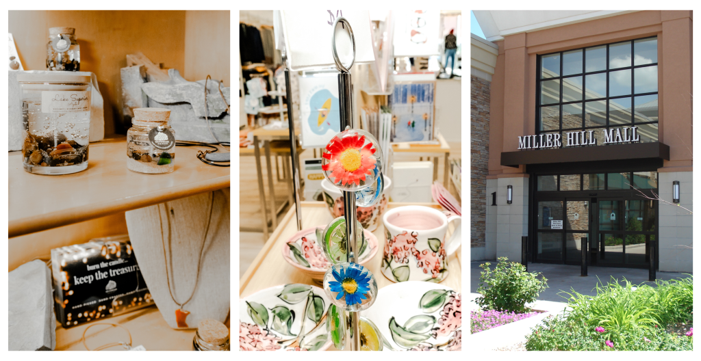 Indoor things to do in duluth, whatever the weather 3 From left to right, the image shows a candle and necklaces as well as plates and a mug at local shops, along with one of the entrances at the miller hill mall.
