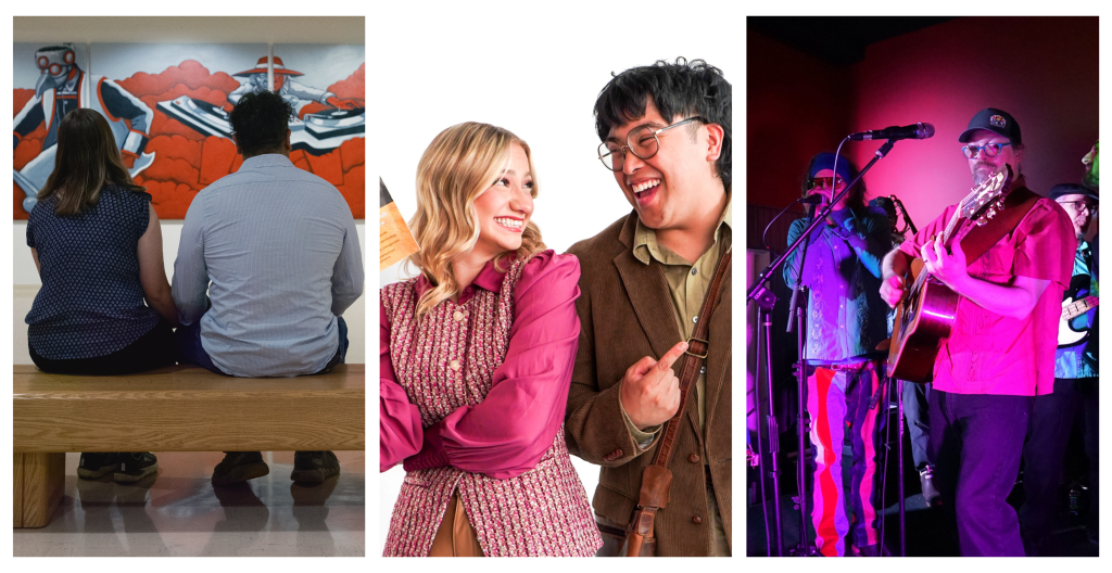 Indoor things to do in duluth, whatever the weather 4 From let to right, the image shows a woman and a man viewing art from a bench at the tweed art museum, a promotional image of elle woods and another actor in the legally blonde production from the duluth playhouse, and two people performing live music.