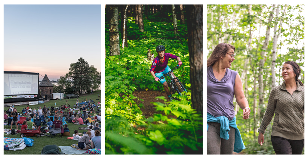 Indoor things to do in duluth, whatever the weather 6 From left to right, movies in the park at leif erickson park, a person riding a mountain bike trail at spirit mountain, and two people walking in the woods among trees.