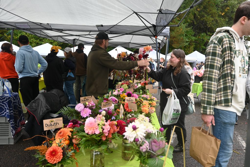 Chester bowl fall fest returns to duluth 4 Shopper buying fresh cut flowers from a local craft vendor under a canopy tent at fall fest in duluth.