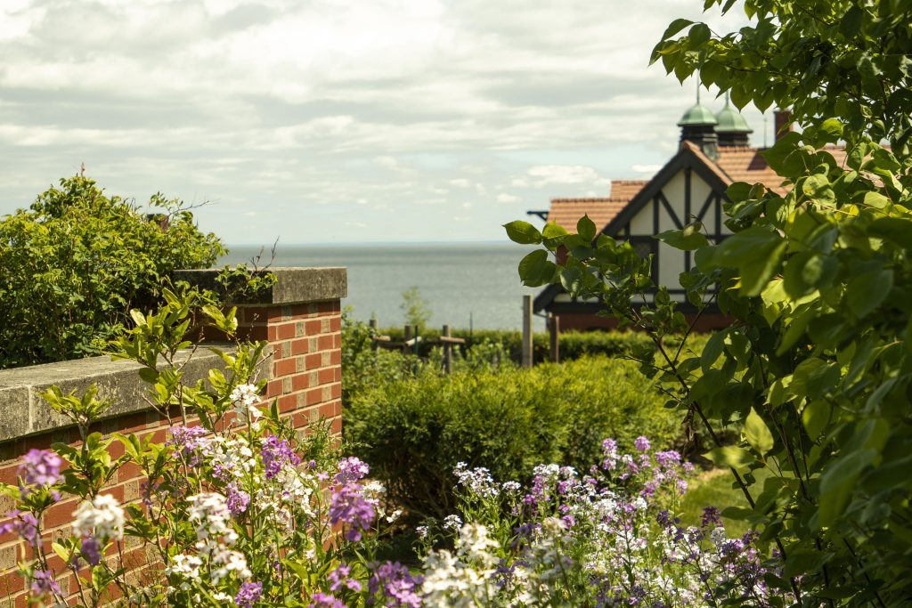 Insights from glensheen’s gardens with head gardener emily ford 2 Lake superior view from glensheen’s gardens in duluth, framed by purple and white flowers, a brick wall, and leafy trees.